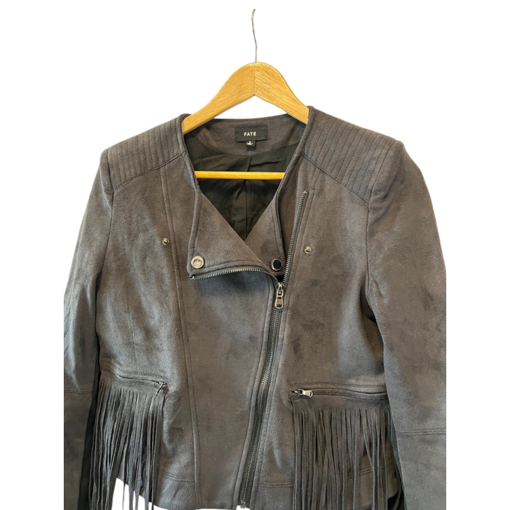 FATE Revolve Black Fringe Trim Faux Suede Asymmetrical Zip Lightweight Jacket S - Picture 4 of 10